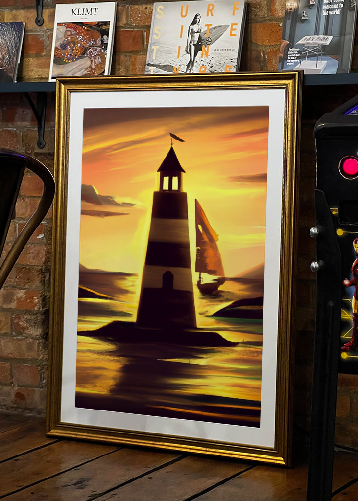 Leuchtturm und Segelboot bei Sonnenuntergang