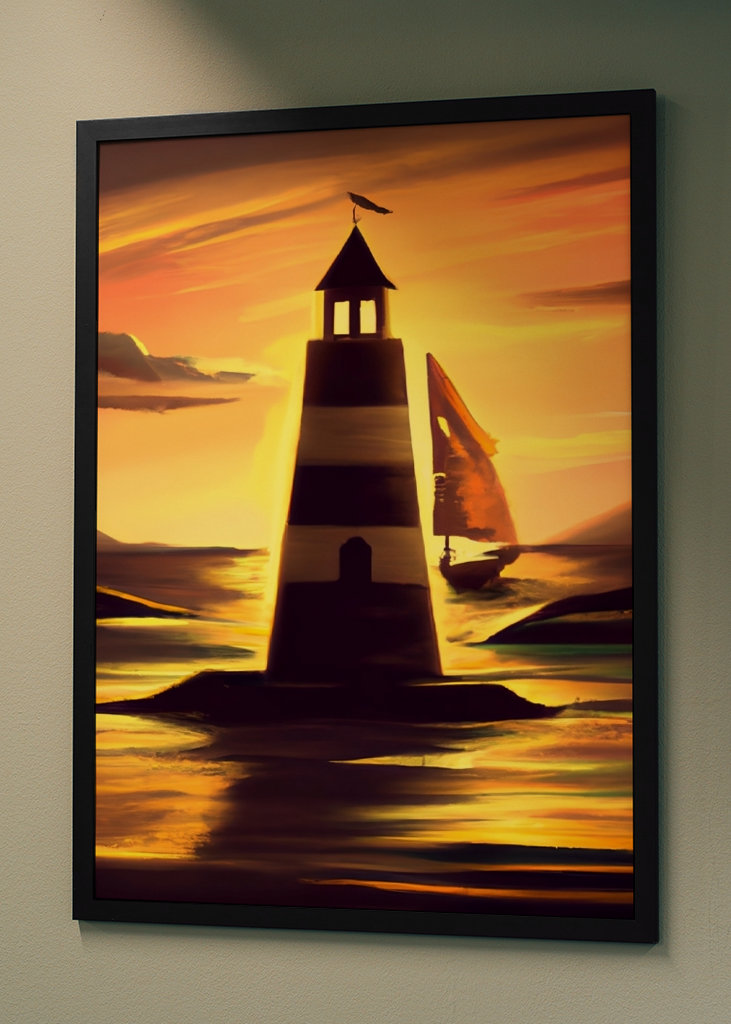 Leuchtturm und Segelboot bei Sonnenuntergang