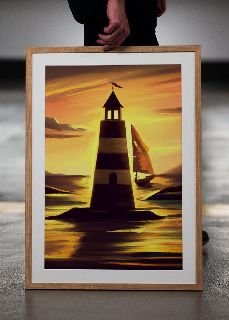 Leuchtturm und Segelboot bei Sonnenuntergang