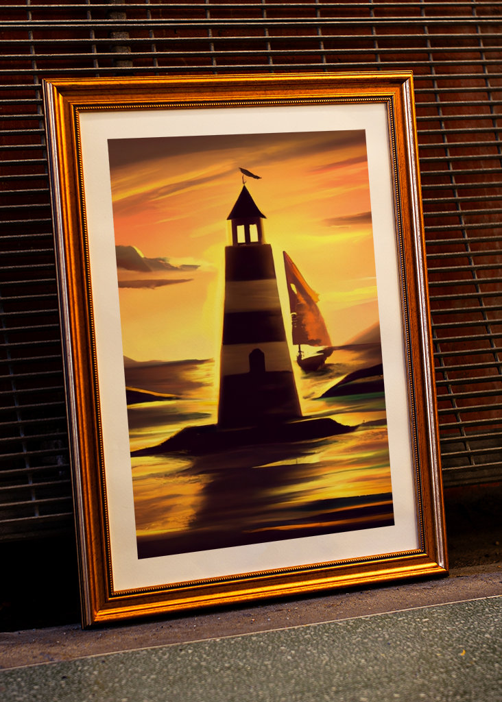 Leuchtturm und Segelboot bei Sonnenuntergang