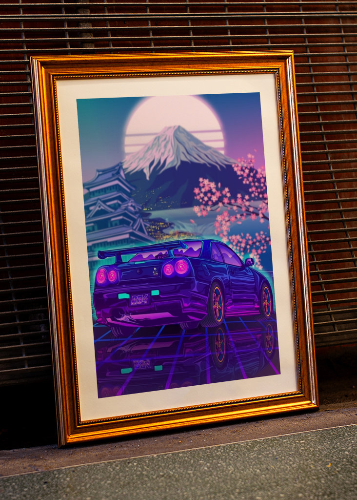 スカイラインGTR R34 part１「R34と富士山」水彩画 スカイラインGTR R34 part1「R34と富士山」水彩画 R34 SKYLINE GT-R