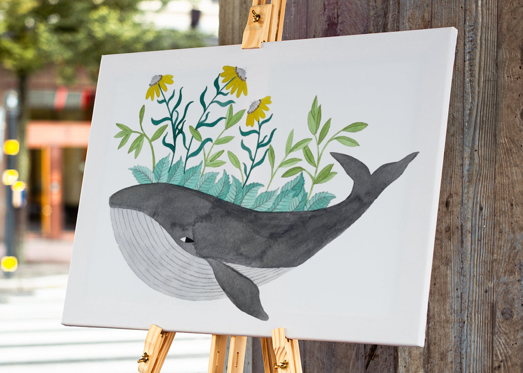 Baleine grise à fleurs