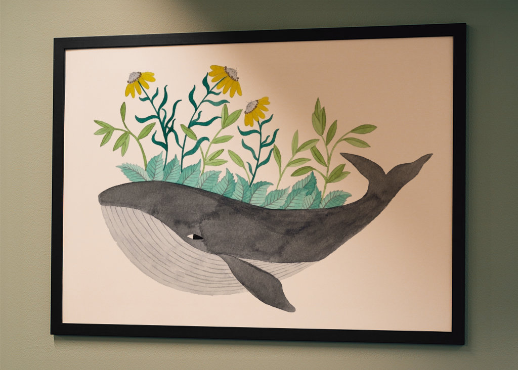 Baleine grise à fleurs
