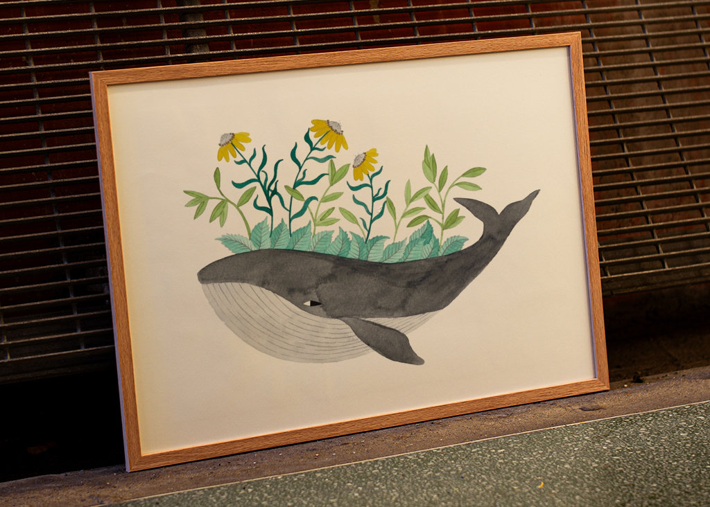 Baleine grise à fleurs