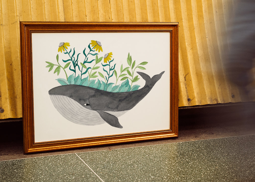 Baleine grise à fleurs