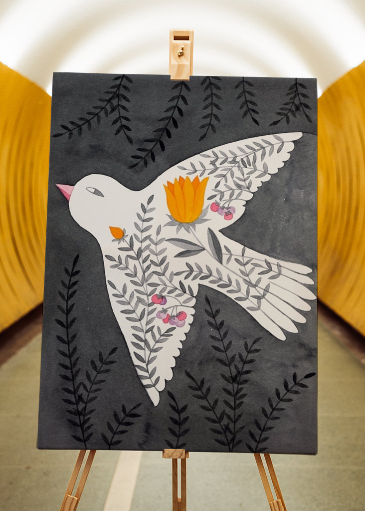 bird with flowers on gray