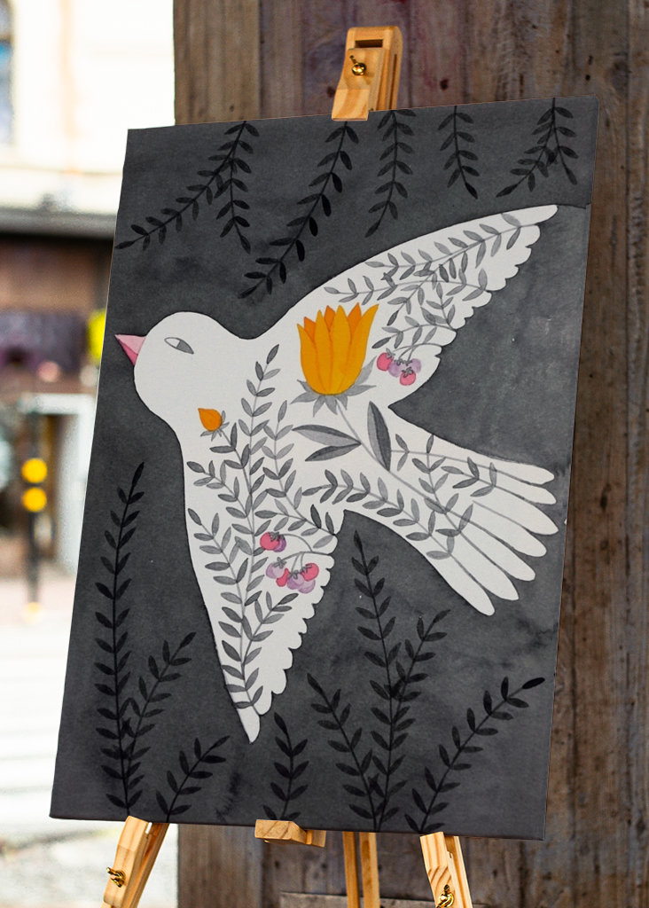 bird with flowers on gray