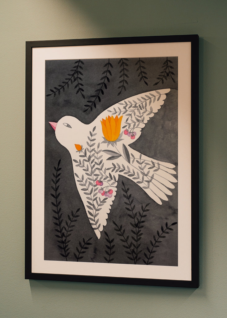 bird with flowers on gray
