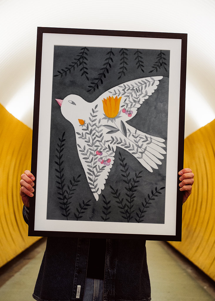 bird with flowers on gray