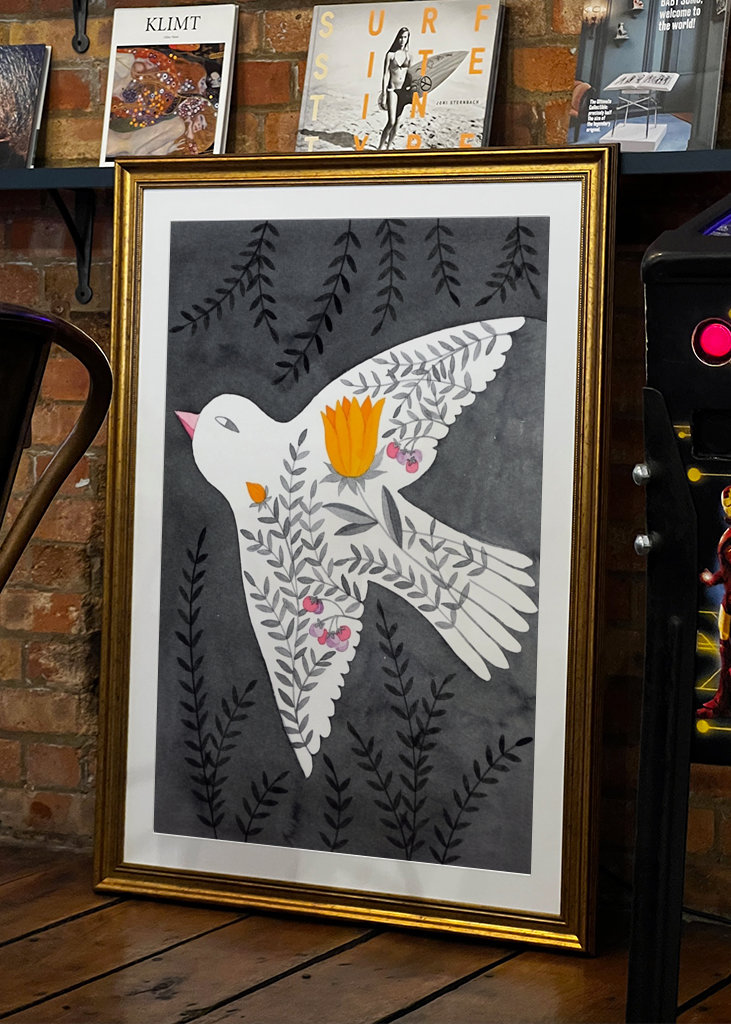 bird with flowers on gray