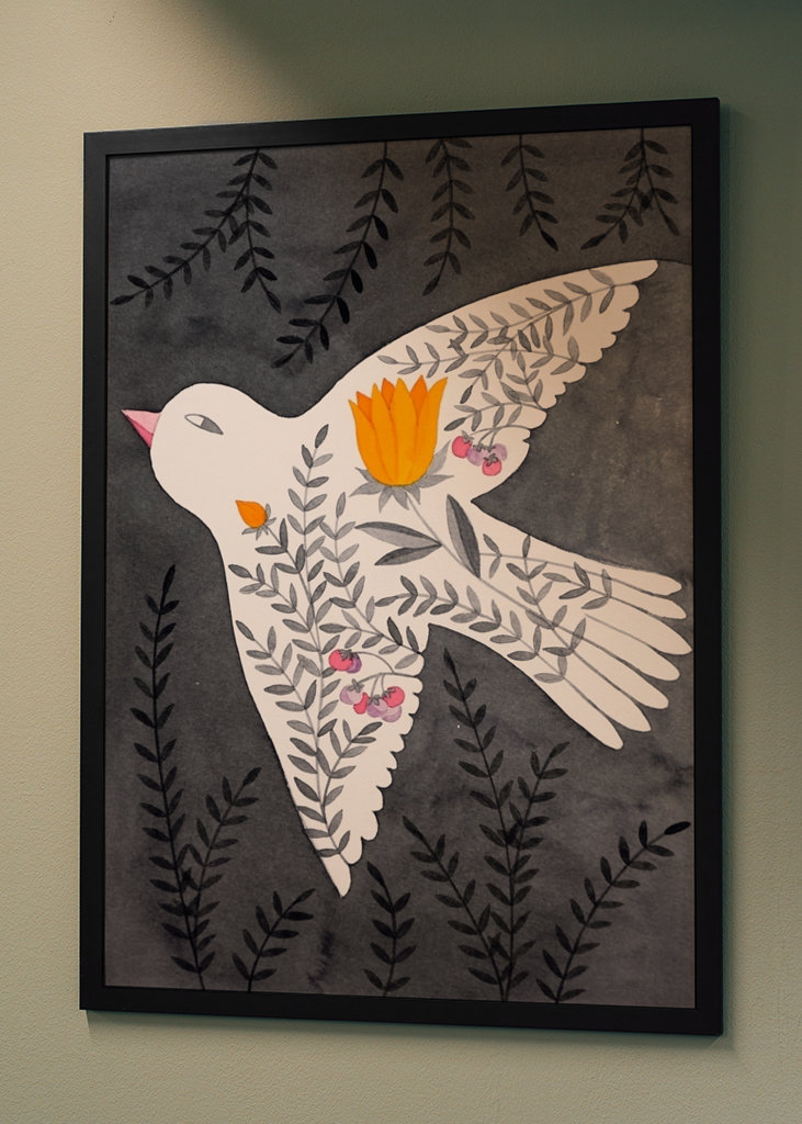 bird with flowers on gray