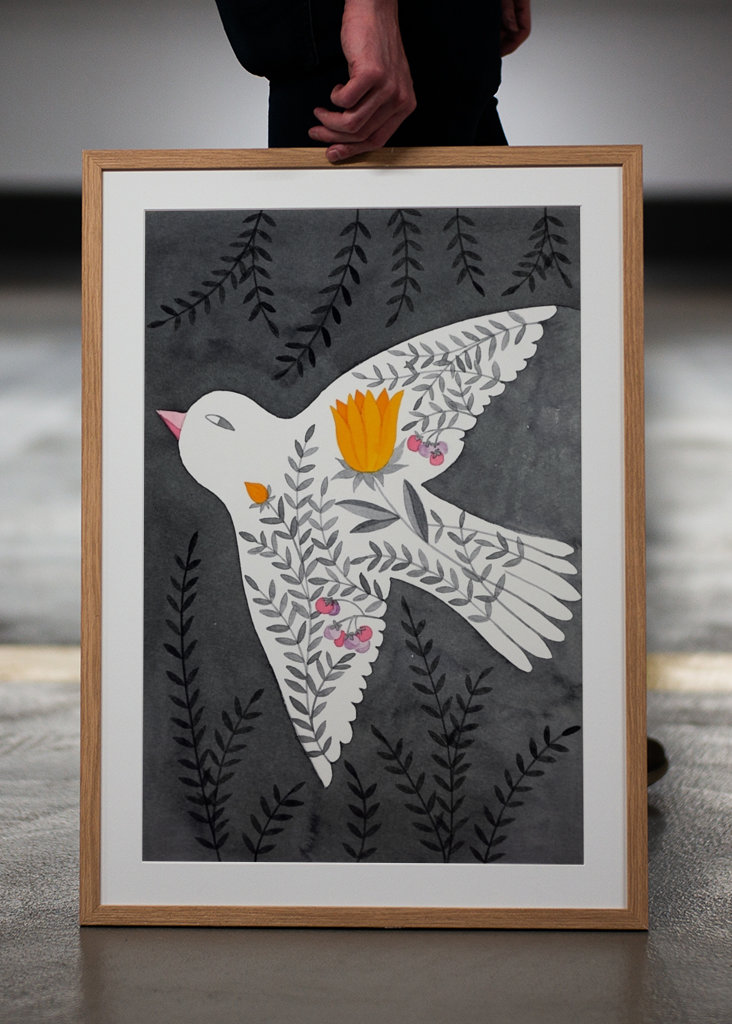 bird with flowers on gray