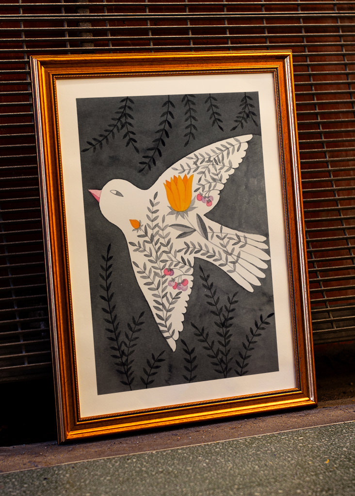 bird with flowers on gray