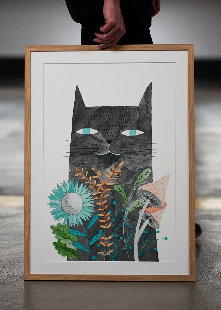 šedá kočka s rostlinami