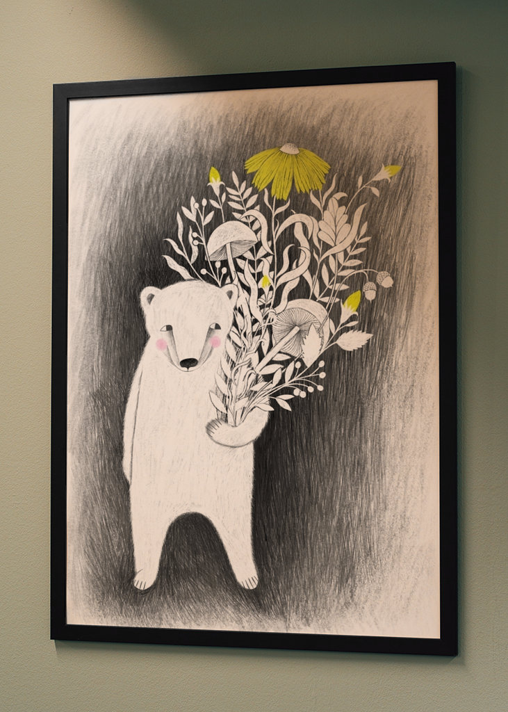 Eisbär mit gelben Blüten