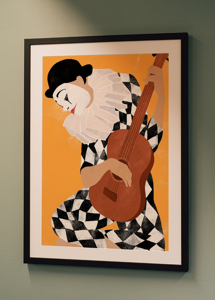 Trauriger Harlekin mit Gitarre