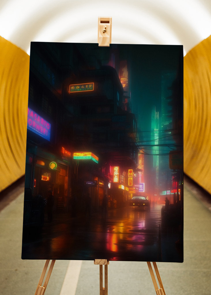 Una ciudad futurista iluminada con luces de neón 