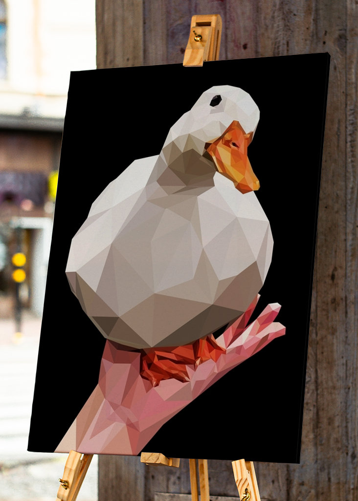 Mem z kaczką na dłoni