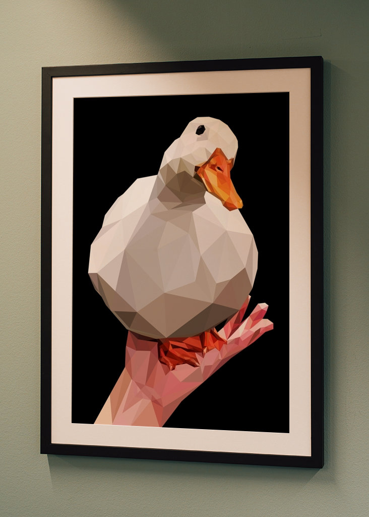 Mem z kaczką na dłoni