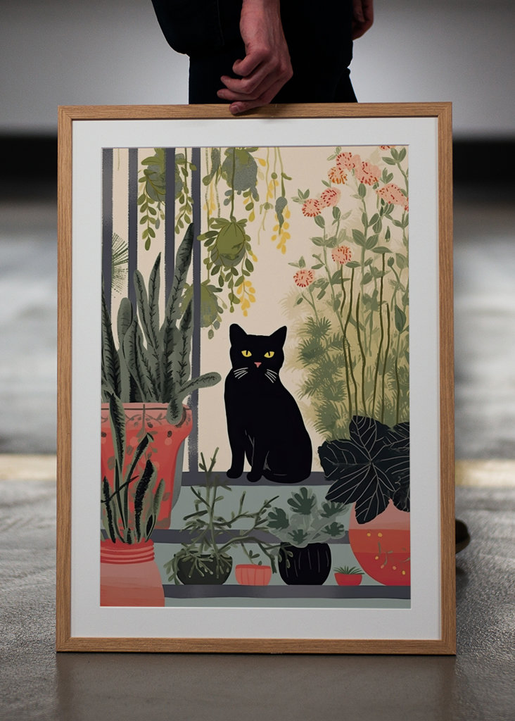 Black Cat with Plants