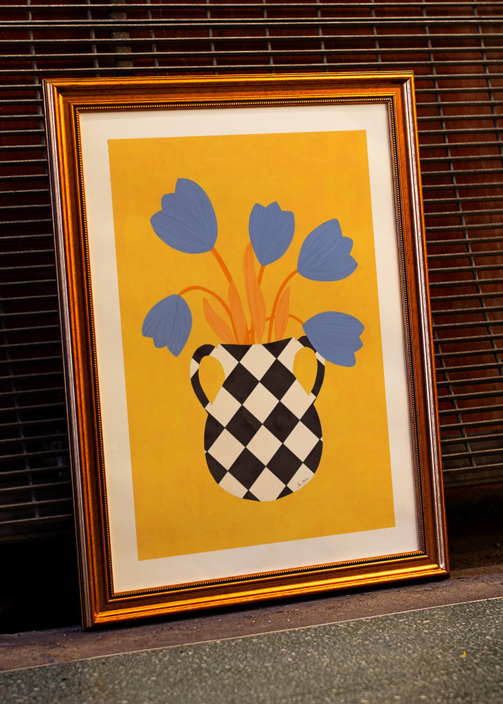 Checkered vase with tulips