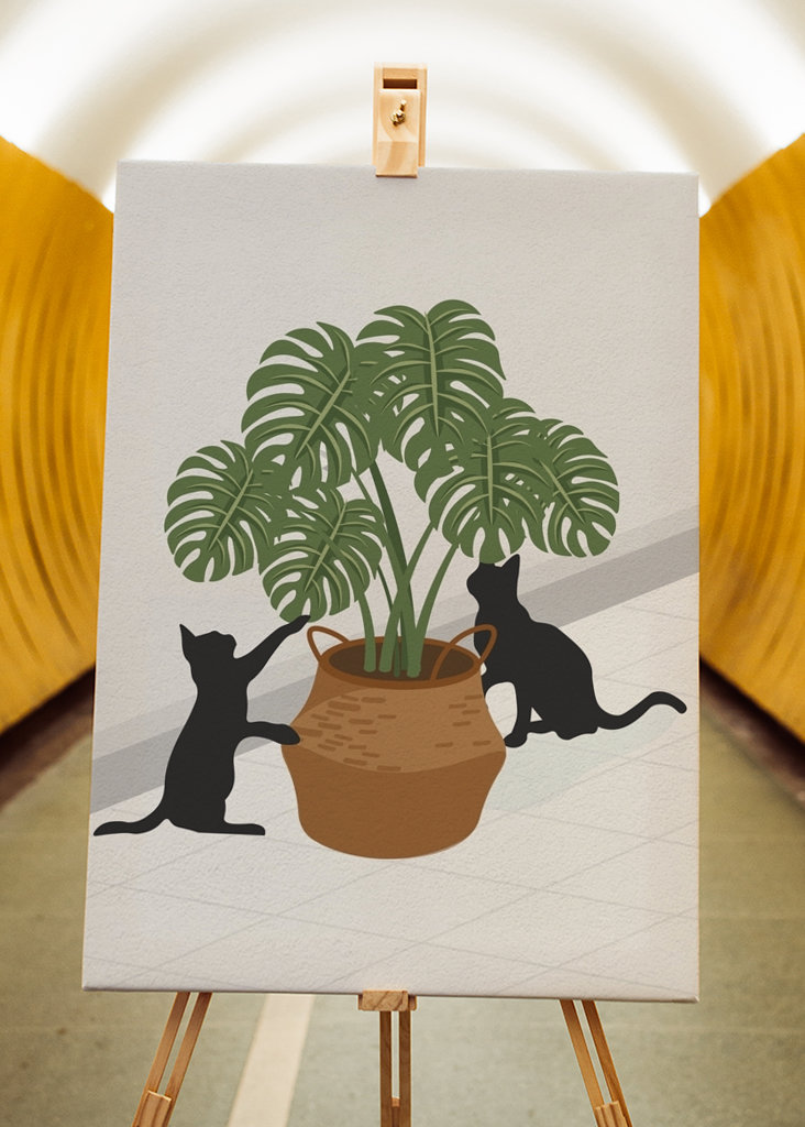 Cute cat and monstera plant