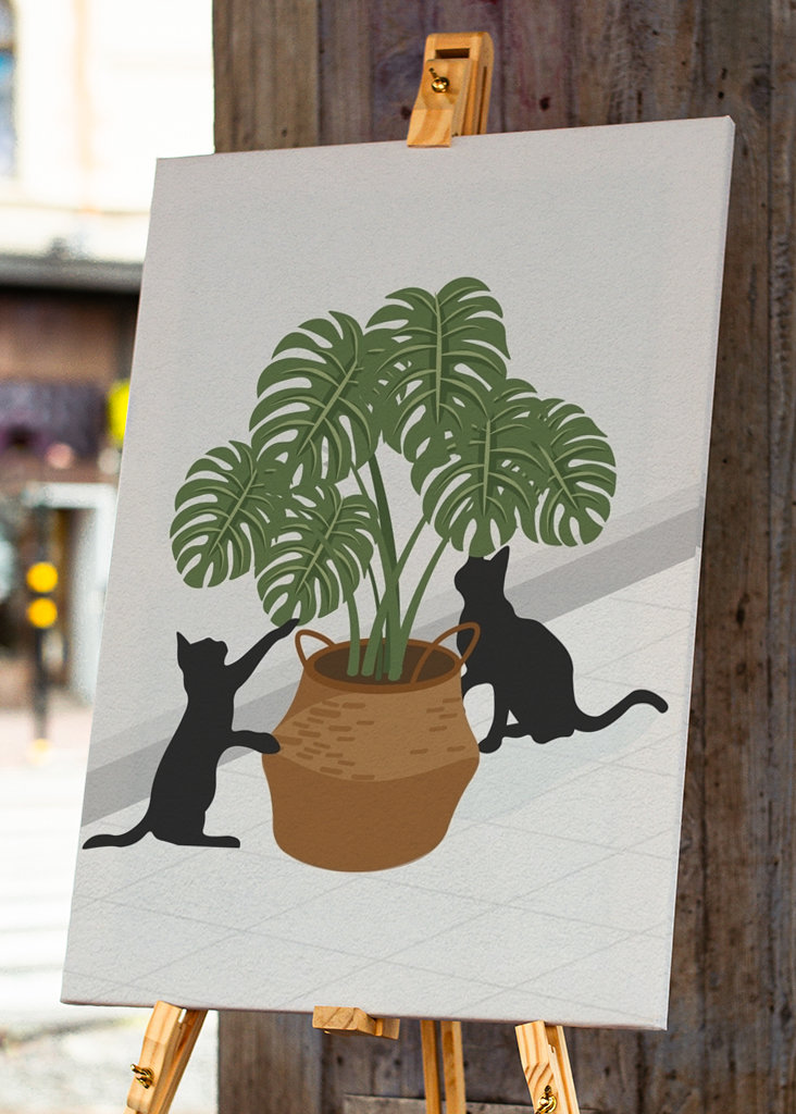 Cute cat and monstera plant