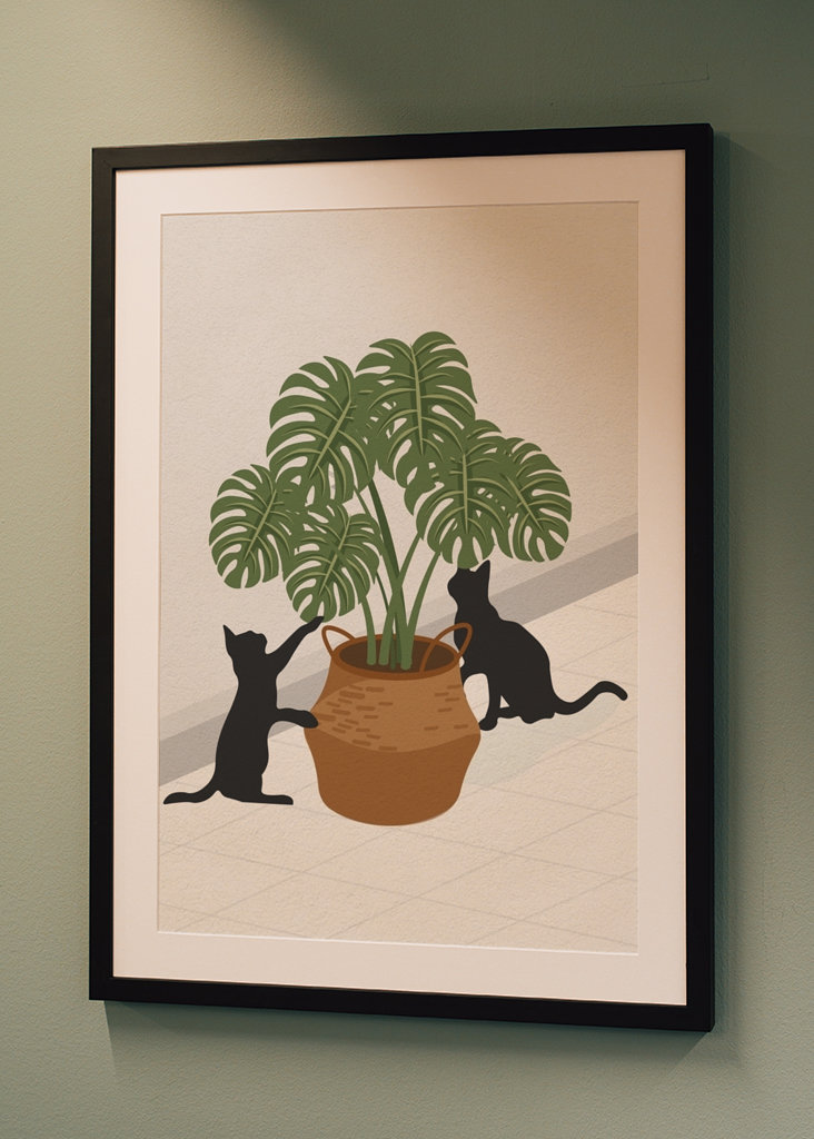 Cute cat and monstera plant