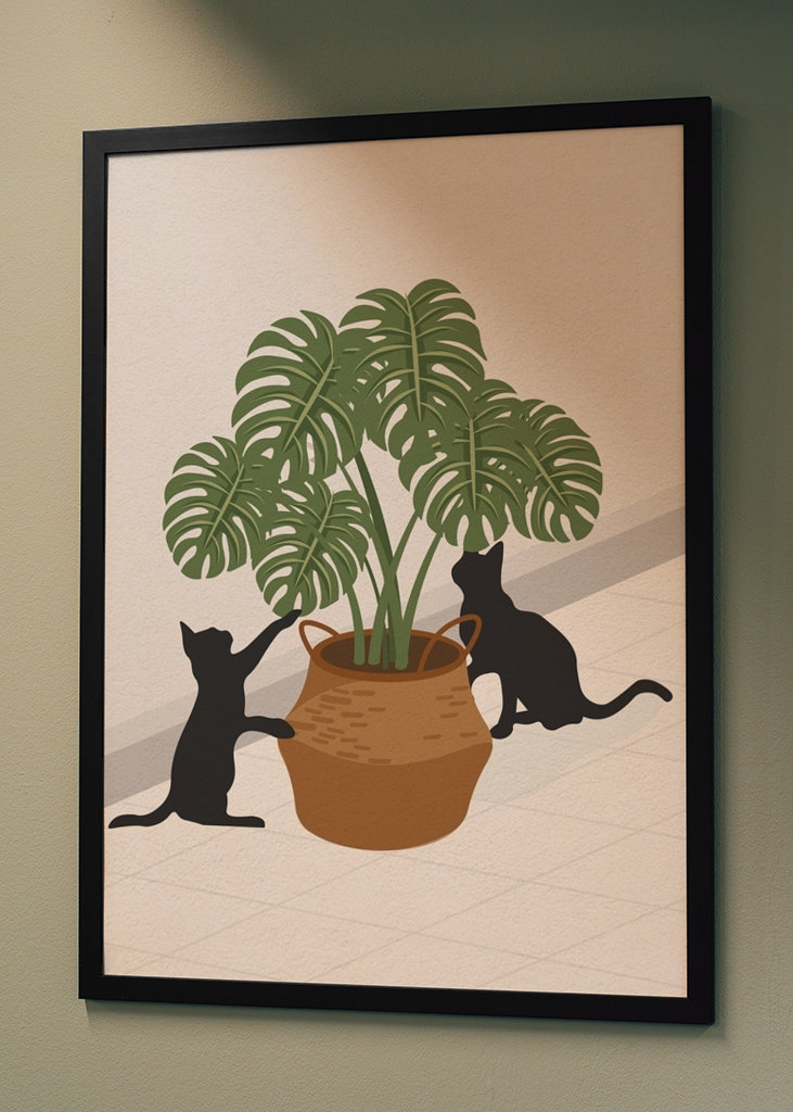 Cute cat and monstera plant