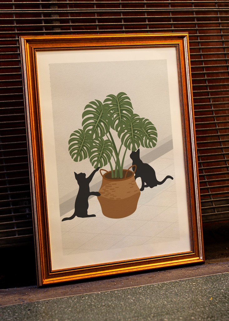 Cute cat and monstera plant