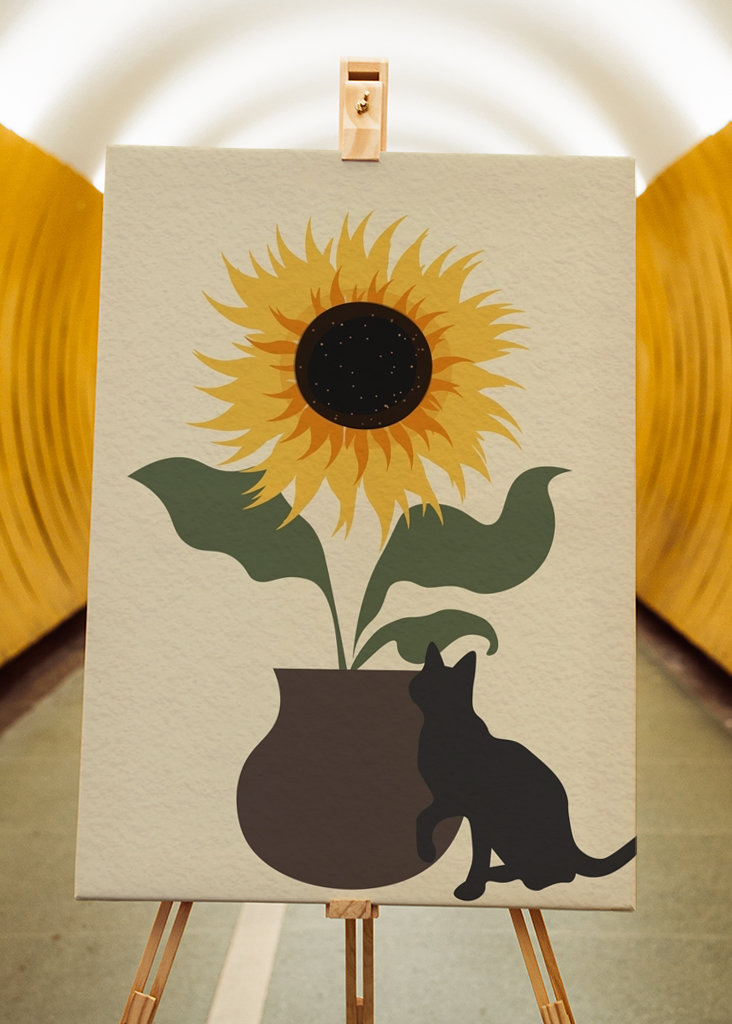 Cat and sunflower pot