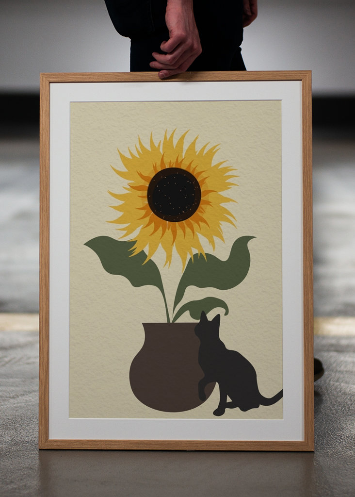 Cat and sunflower pot