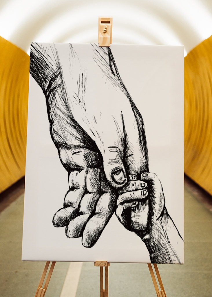 Držení se za ruce kresba inkoustovým perem 