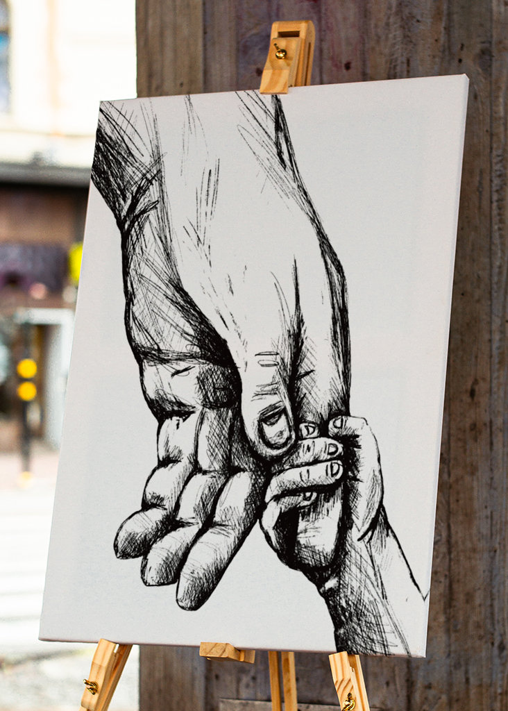 Držení se za ruce kresba inkoustovým perem 