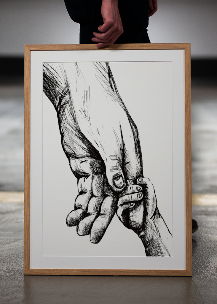 Držení se za ruce kresba inkoustovým perem 