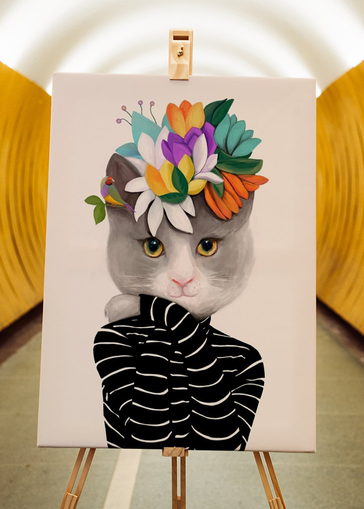 Macska virágokkal és madárral