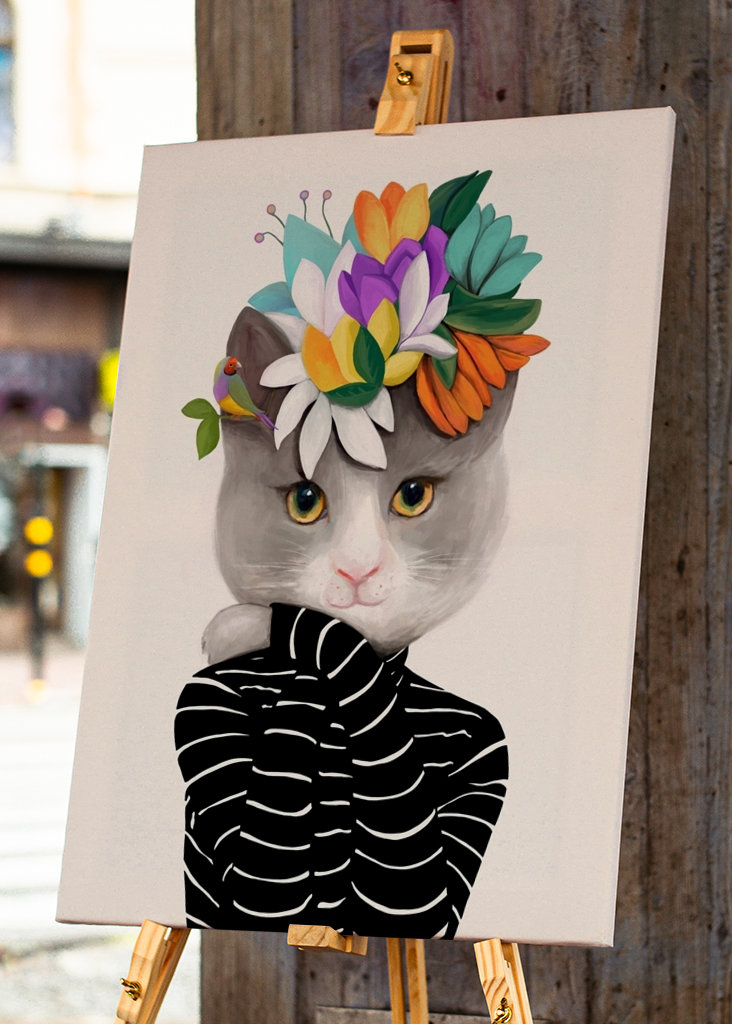 Macska virágokkal és madárral