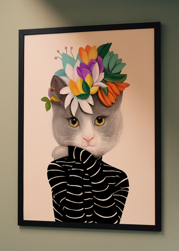 Macska virágokkal és madárral