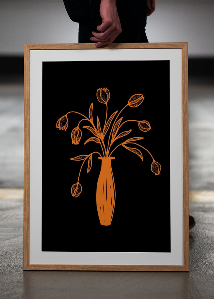 Tulips In Vase Orange Black 