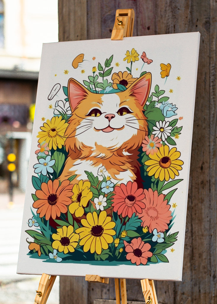 Gelukkige kat met bloemen