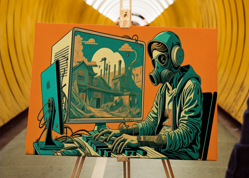 Mann mit Gasmaske Spielcomputer