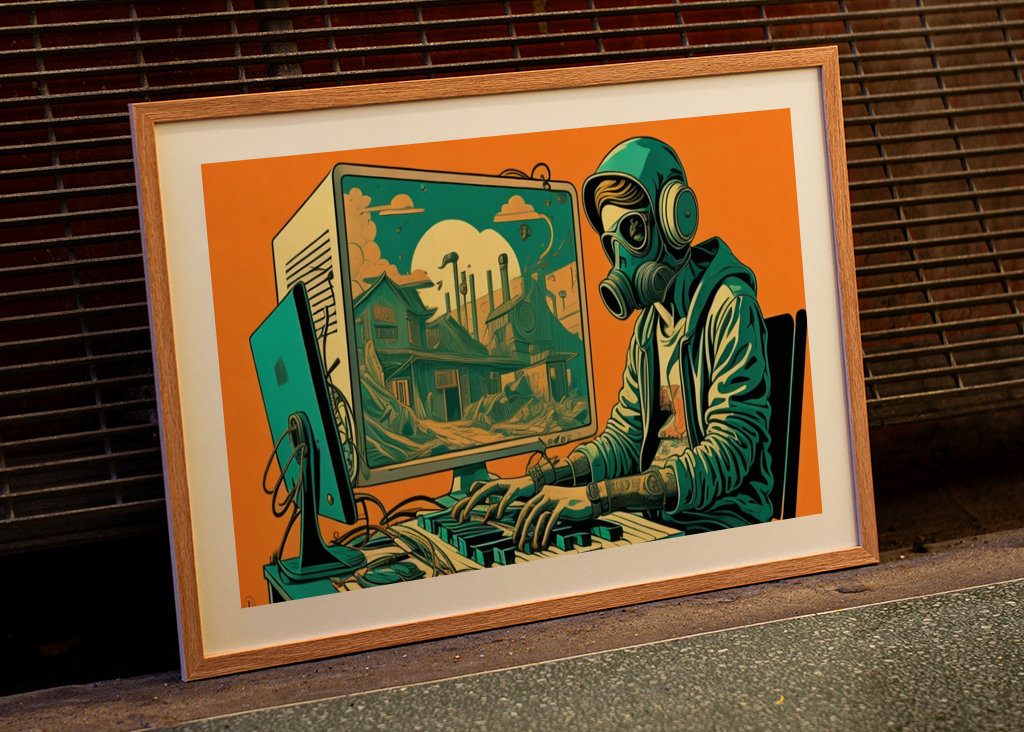 Mann mit Gasmaske Spielcomputer