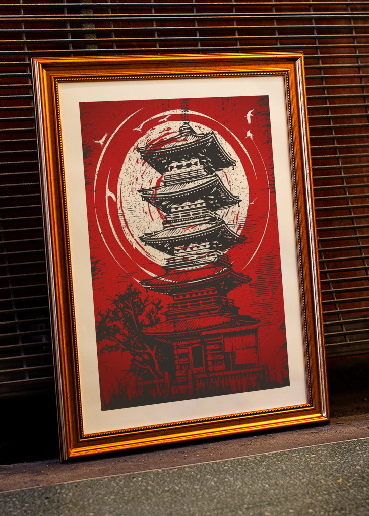 Japansk pagode rød bakgrunn