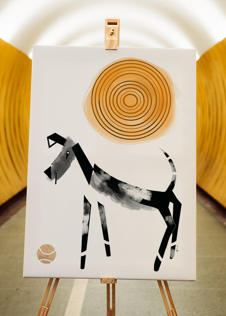 Dog with ball black and white