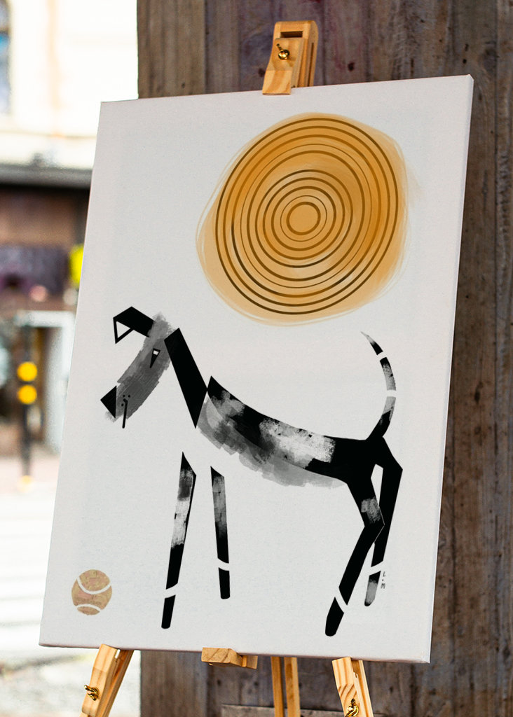 Dog with ball black and white