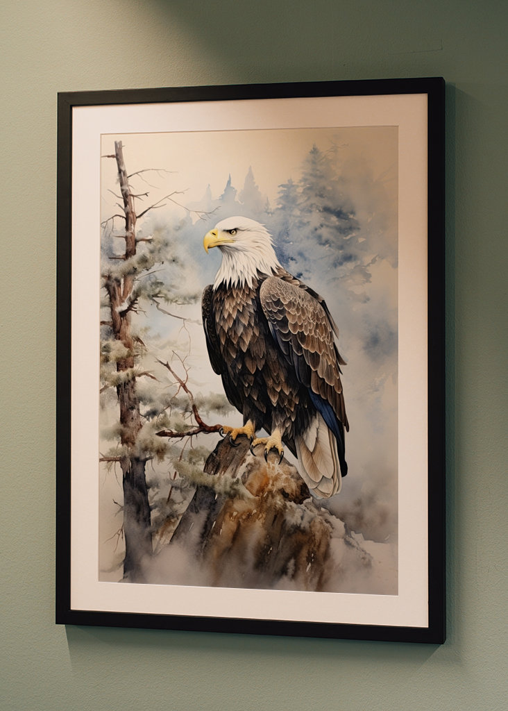 Águila calva blanca en acuarela de madera