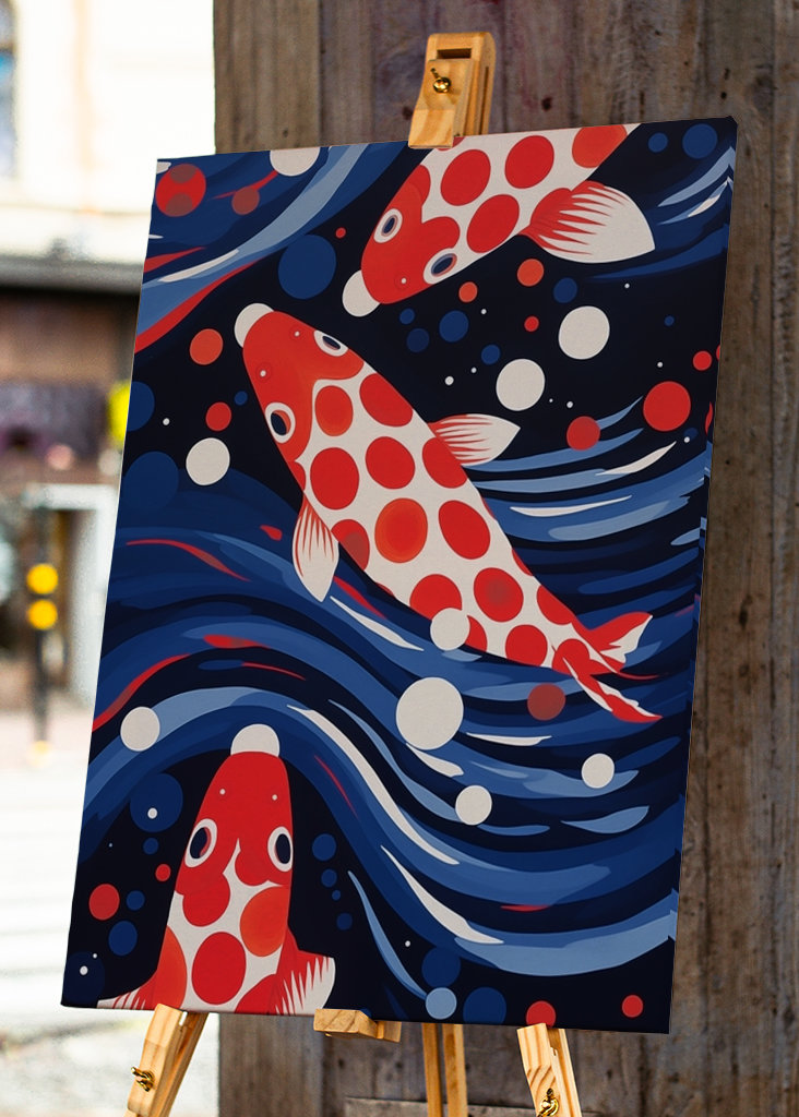 Drie koi in rood en blauw