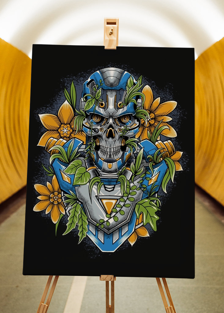 Scary Robot Skull with Flowers
