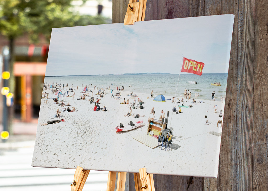 Bright sandy beach with people
