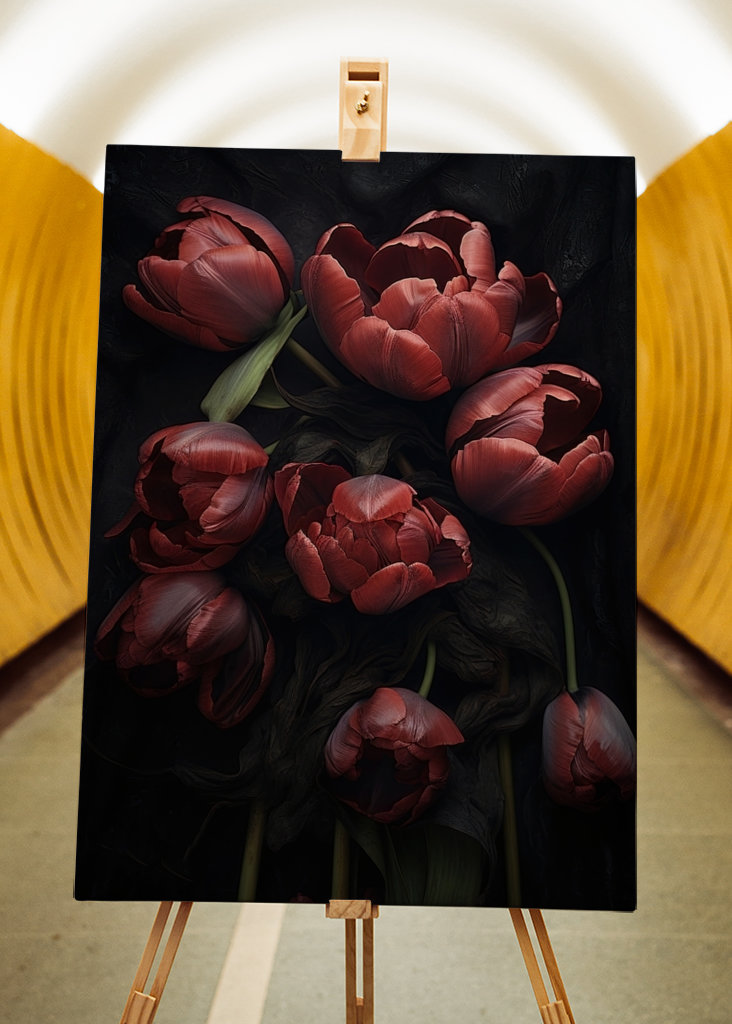 Tulipanes rojos sobre fondo negro